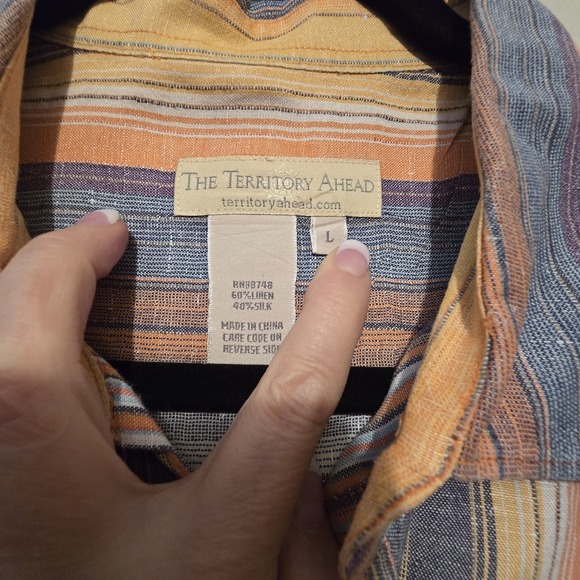 Territory Ahead Men Linen Silk Shirt LG Button Up Stripe Rainbow Colorful Summer - Picture 4 of 10
